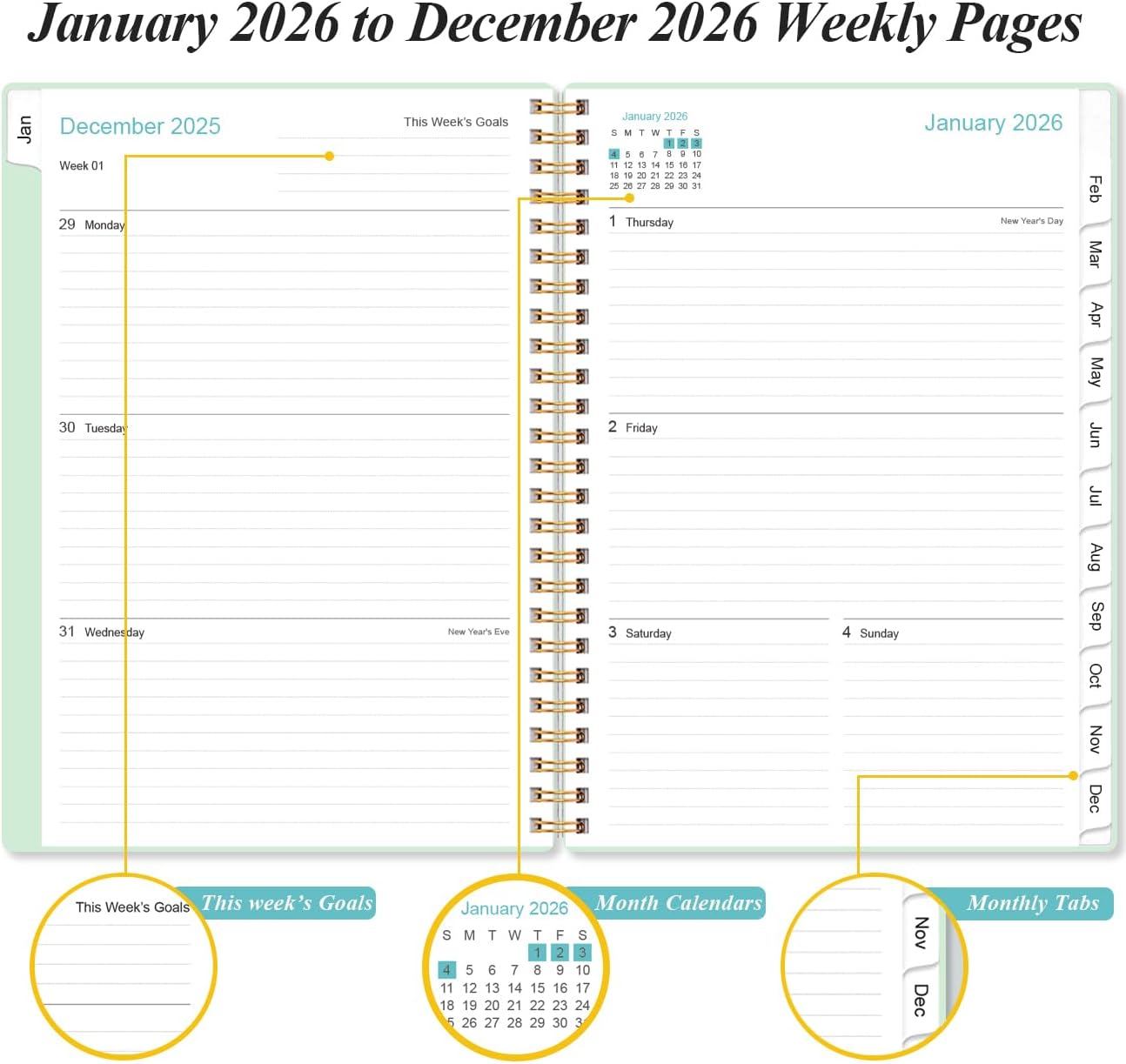 2026 Planner - Weekly and Monthly Calendar Planner from Jan 2026 - Dec 2026, Planner 2026 Spiral Bound with 12 Monthly Tabs, Inner Pocket, Perfect for School Office Supplies, 6.4" x 8.5", Mint