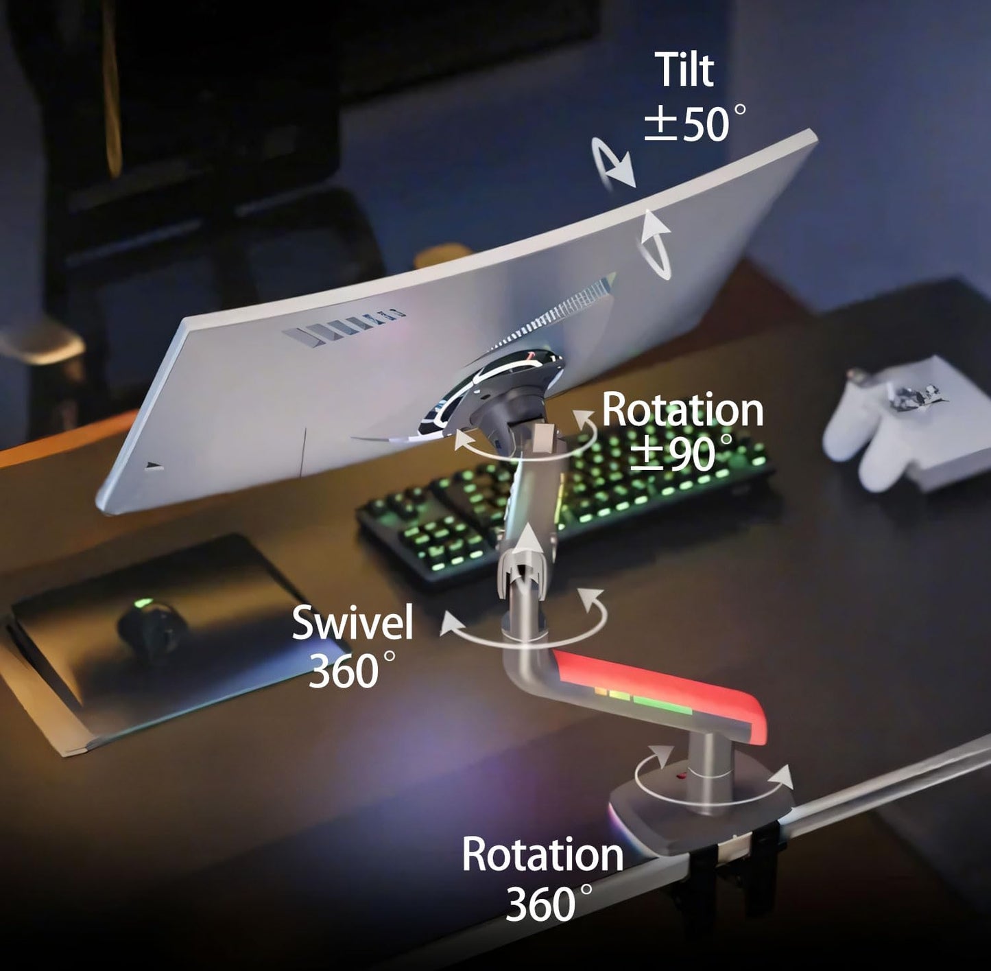 NB Gaming Monitor Arm or for 32 to 60 Inches Screen, Load up to 20 kg, VESA 75/100, RGB-Light, Heavy Duty, Multi Angle Adjustable, Premium Aluminum, Red