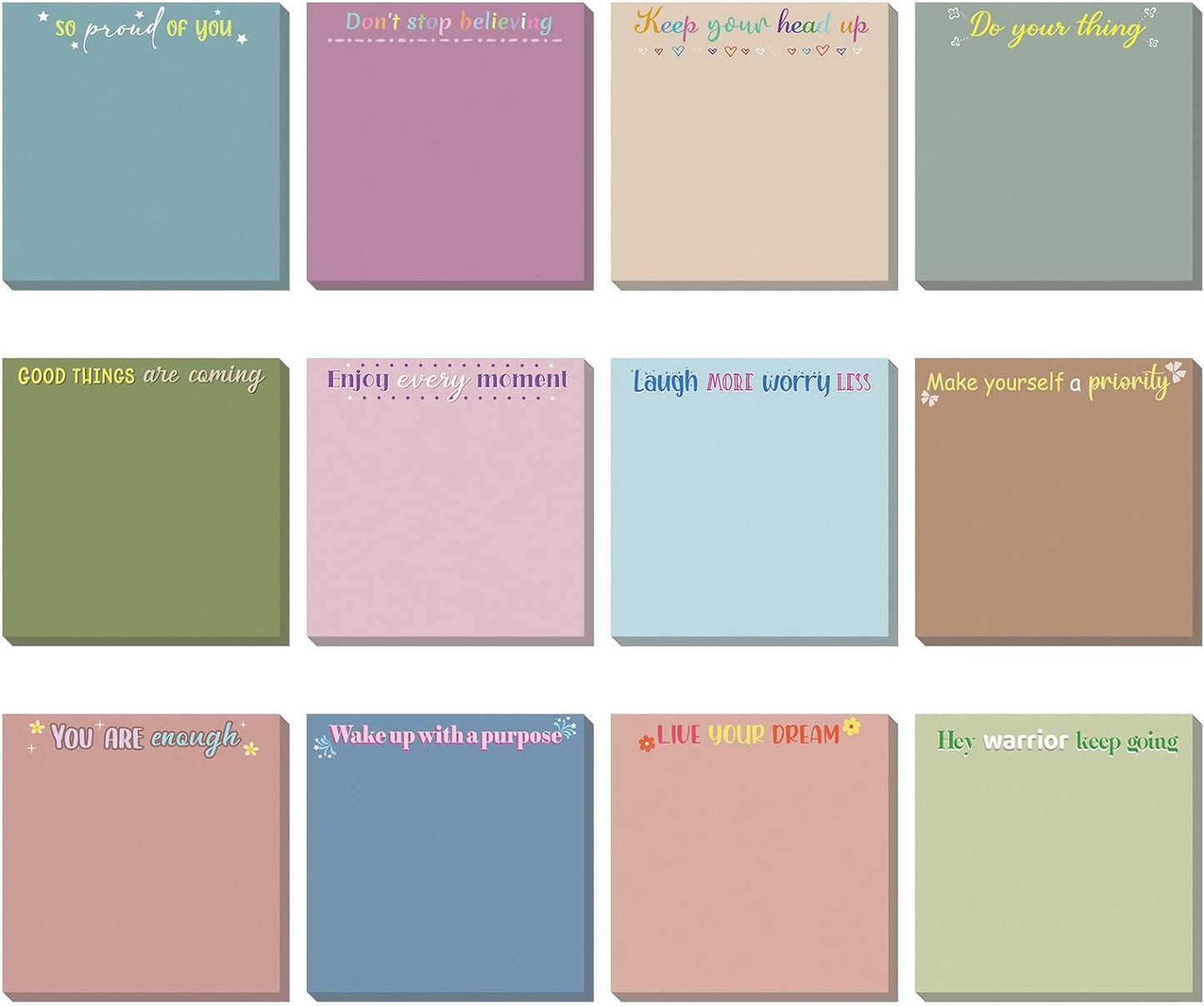 Zonon 12 Pieces Inspirational Sticky Notes 3 x 3 Inch Motivational Fun Notepads Positive Gifts for Teacher Nurse Coworkers Work Studying Supplies(Colorful Style)