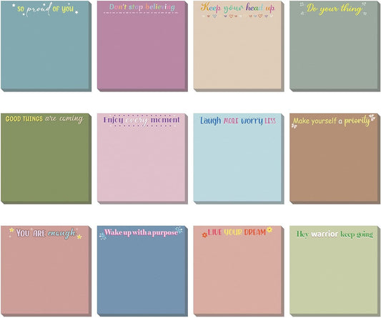 Zonon 12 Pieces Inspirational Sticky Notes 3 x 3 Inch Motivational Fun Notepads Positive Gifts for Teacher Nurse Coworkers Work Studying Supplies(Colorful Style)