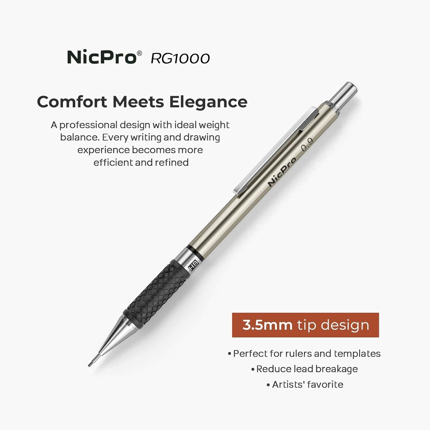 Nicpro 0.9 mm Art Mechanical Pencils Set in Gift Case, 6 PCS Metal Drafting Pencil 0.9mm with 6 Tube HB Lead Refills & 18 PCS Eraser Refills for Adults, Children, Artist Writing, Drawing, Sketching