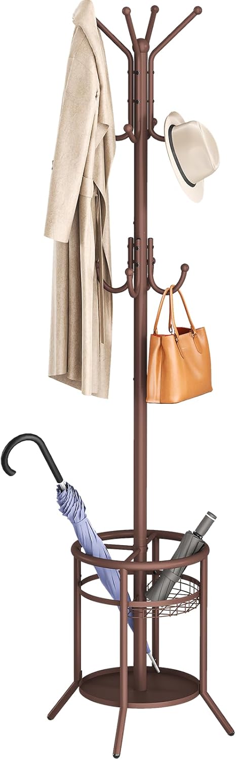 ELYKEN Coat Rack Freestanding, Metal Coat Rack Stand with Umbrella Holder, Modern Coat Tree with 12 Hooks, Floor Standing Corner Hall Tree for Entryway Living Room Bedroom Office, Brown