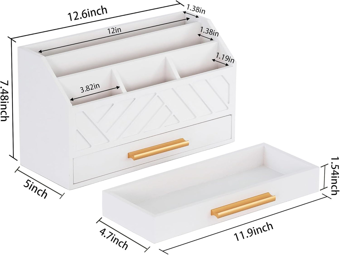 white Wood Desk Organizer and Accessories with Drawer, Bill Mail Organizer and File Mail Holder for Office Supplies, Modern Desk Accessories & Workspace Organizers for Desk Organization
