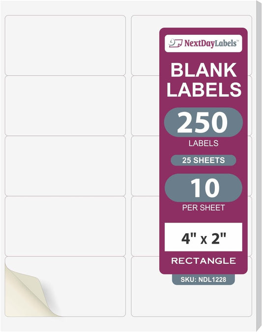 NextDayLabels – 4” x 2” Rectangular Sticker Labels for Printer - White Laser/Inkjet Printer Labels Return Address Labels Shipping Label Stickers (25 Sheets, 10 Per Sheet, 250 Labels)