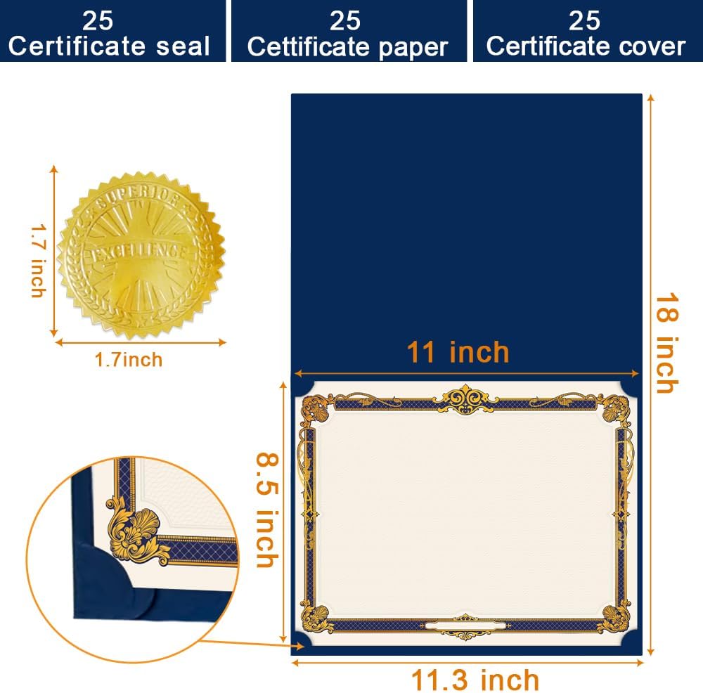75 Pcs Certificate Kit, 25 Gold foil Certificate Holders & 25 Certificate Paper & 25 Certificate Seals Stickers for Graduation Diploma, Award Accomplishment.