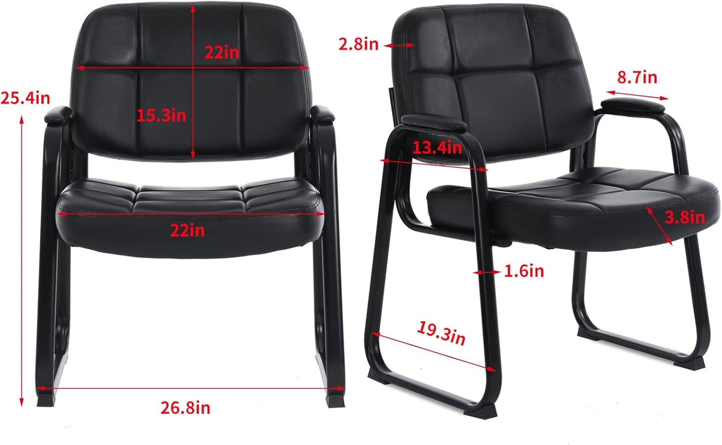 CLATINA Big & Tall Waiting Room Guest Chair with Bonded Leather Padded Arm Rest and Sled Base for Office Reception Lobby and Conference Desk, Black