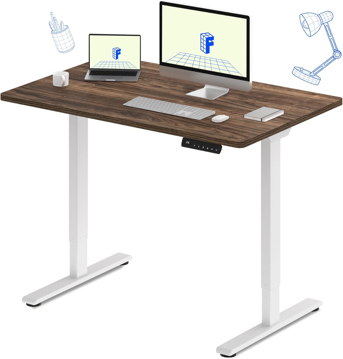 FLEXISPOT E3 Dual Motor Electric Standing Desk 48x30 Inch Whole-Piece Board Height Adjustable Electric Sit Stand Desk (White Frame + Brown Wood Grain Desktop, 2 Packages)
