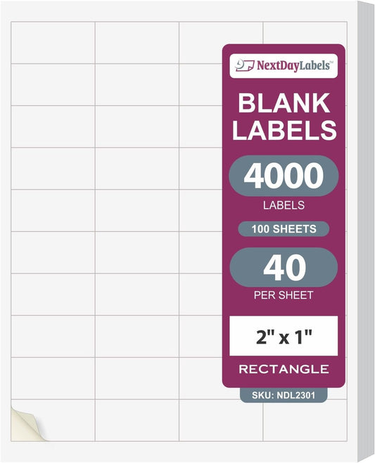 NextDayLabels – 2" x 1" Rectangular Sticker Labels for Printer - White Laser/Inkjet Printer Labels Return Address Labels Shipping Label Stickers (100 Sheets, 40 Per Sheet, 4000 Labels)