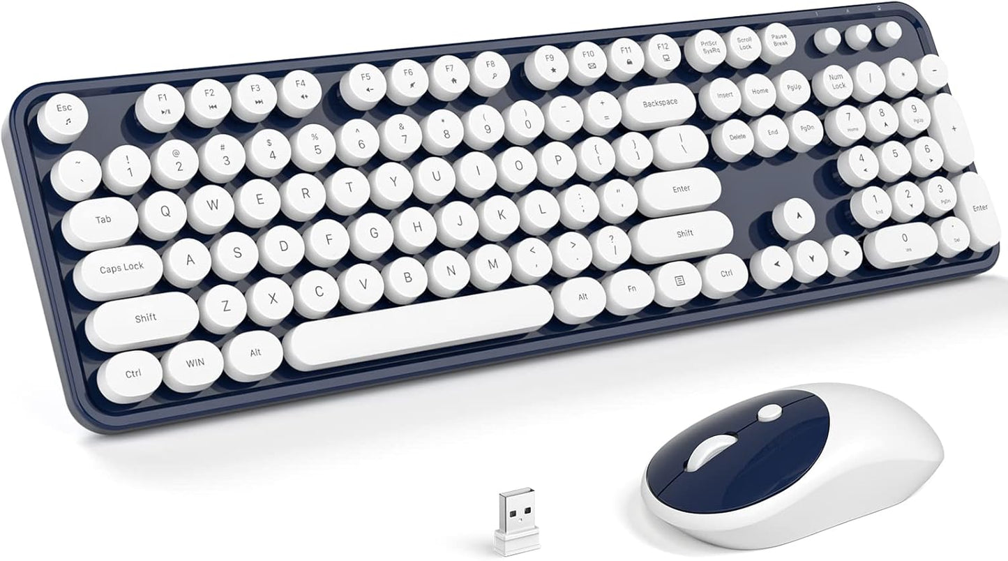 Wireless Keyboard and Mouse, Typewriter Full Size Keyboard with Number Pad and 2 in 1 USB Connected Mouse for Windows 7/8/10, Laptop, Desktop, PC, Computer (Dark-Blue)