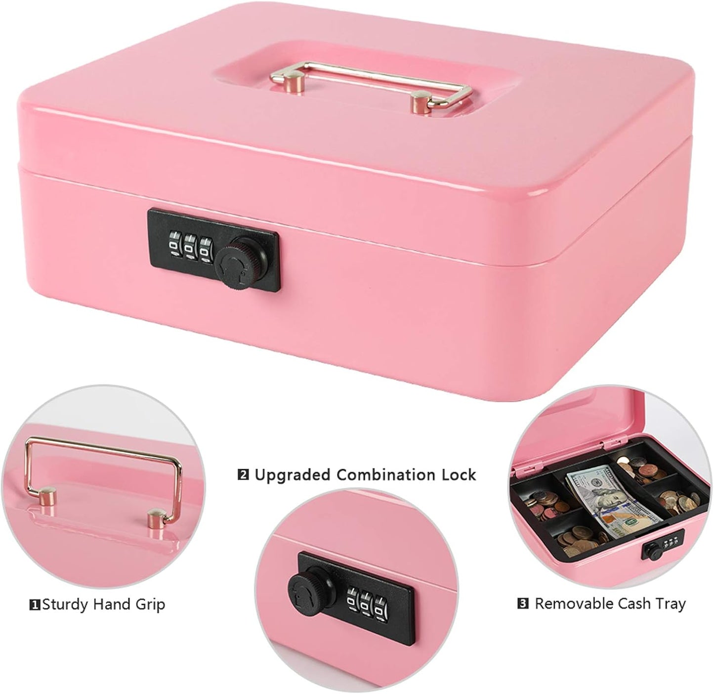 xydled Steel Cash Box Safe with Combination Lock,Money Safe Box with Removable Coin Tray,Large,9.84"x 7.87"x 3.54",Pink