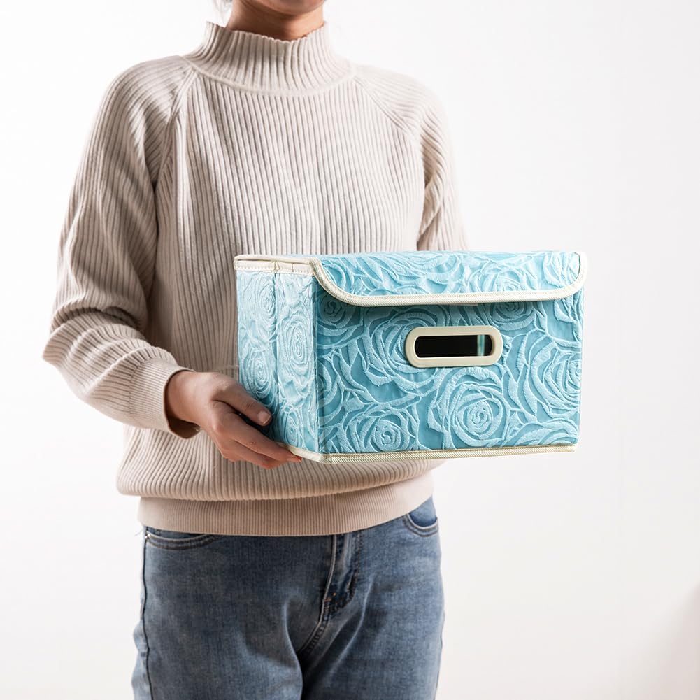 PRANDOM Collapsible Storage Boxes with Lids Fabric Decorative Storage Bins Cubes Organizer Containers Baskets with Cover Handles Divider for Bedroom Closet Living Room 9.8x7.9x6.7 Inch 3 Pack