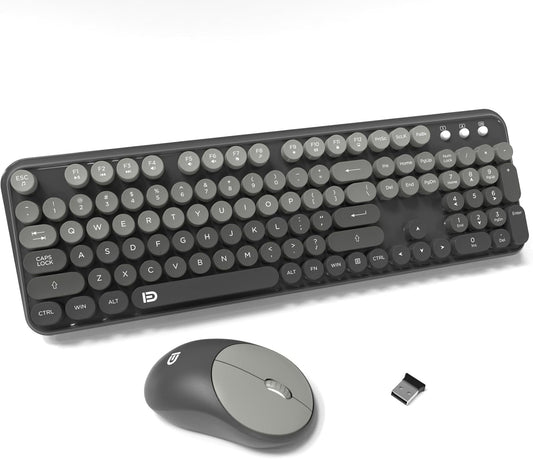 FD Wireless Keyboard and Mouse Combo - 2.4G Full-Sized Cute Colorful Mouse and Keyboard with 104 Round Keys Retro Typewriter Keyboards for Laptop/Windows/PC - Grey Gradient