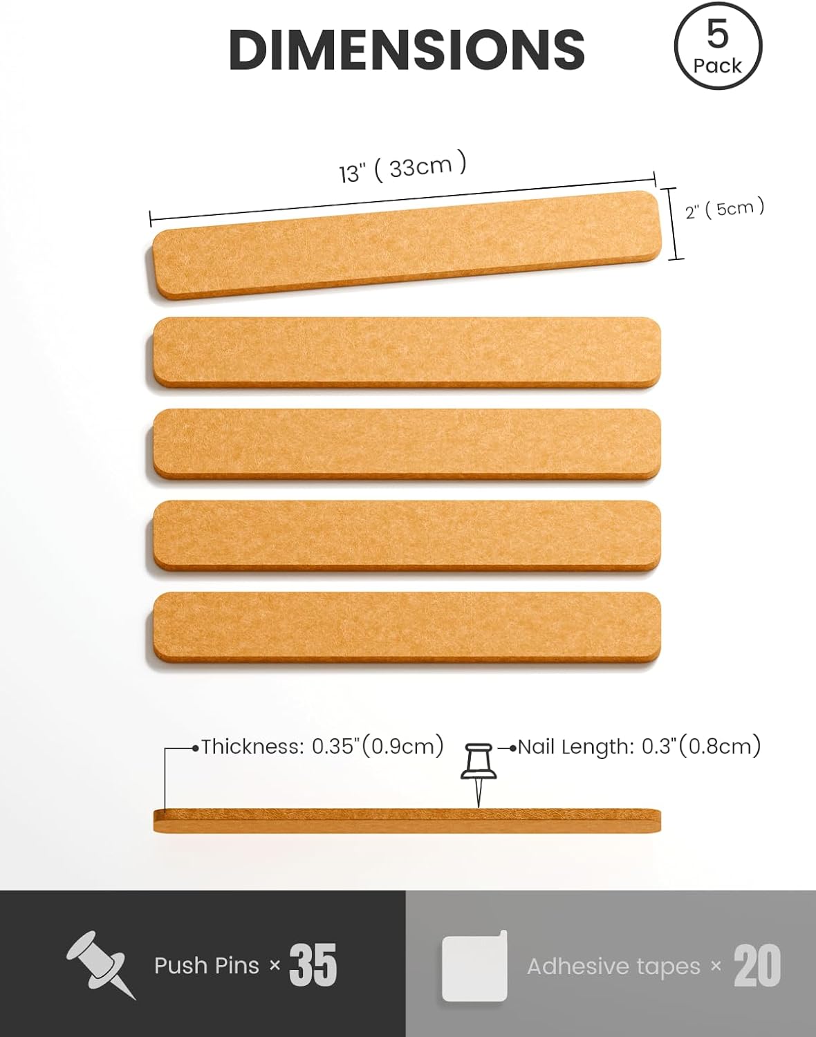 Cork Board Alternative Felt Strip Board 5-Pack 13"x2", Office Pin Board with 35 Push Pins, Adhesive Install for Bedroom Door & Home Office(Gold Bronze)