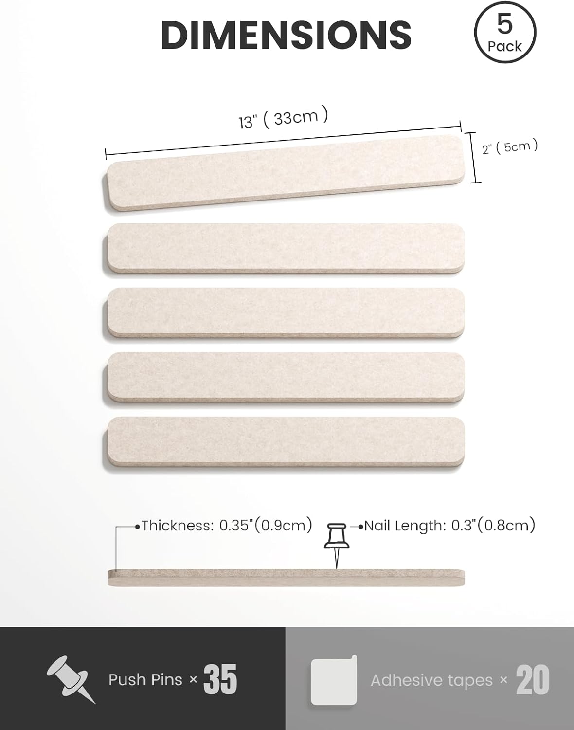 Cork Board Alternative Felt Strip Board 5-Pack 13"x2", Office Pin Board with 35 Push Pins, Adhesive Install for Bedroom Door & Home Office(Oatmeal)