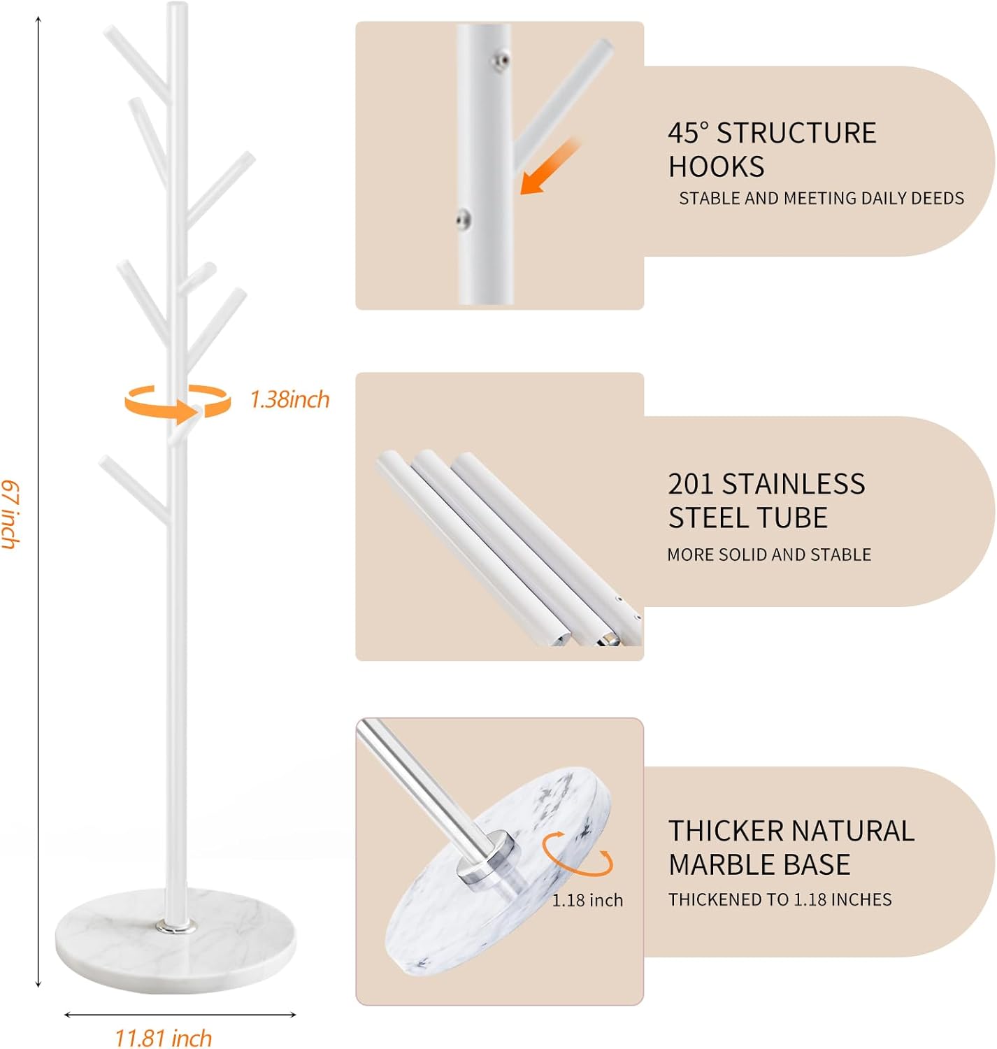 Coat Rack Stand with Natural Marble Base, Metal Coat Rack Freestanding, Modern Coat Racks, Heavy Duty Standing Coat Tree Hanger for Jacket, Bag, Entryway, Office