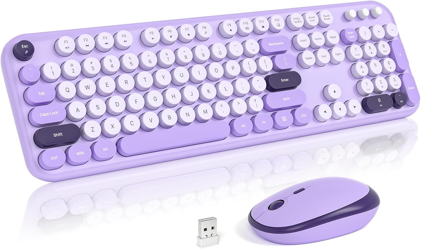 MOFII Wireless Keyboard and Mouse, Retro Typewriter Keyboard and Silent Mouse, 2.4GHz Full Size Keyboard and Mouse Wireless Combo for Laptop, PC, Desktop, Windows (Violet)