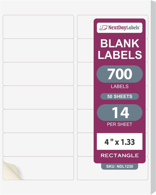 NextDayLabels – 4" x 1-1/3" Rectangular Sticker Labels for Printer - White Laser/Inkjet Printer Labels Return Address Labels Shipping Label Stickers (50 Sheets, 14 Per Sheet, 700 Labels)