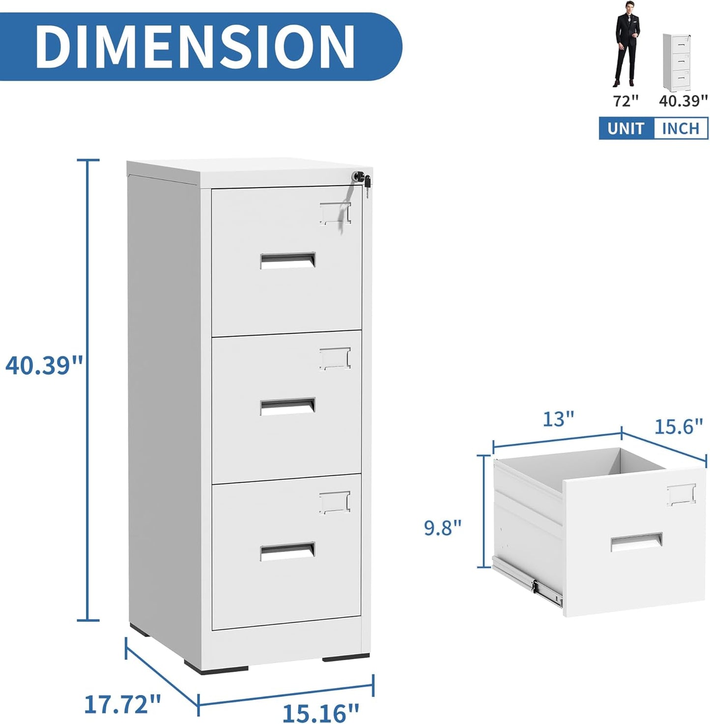 3 Drawer File Cabinet with Lock and Card Slot, Metal Vertical Filing Cabinets for Home Office, Steel Storage Cabinet for Hanging Legal/Letter Size Files, Assembly Required (White)