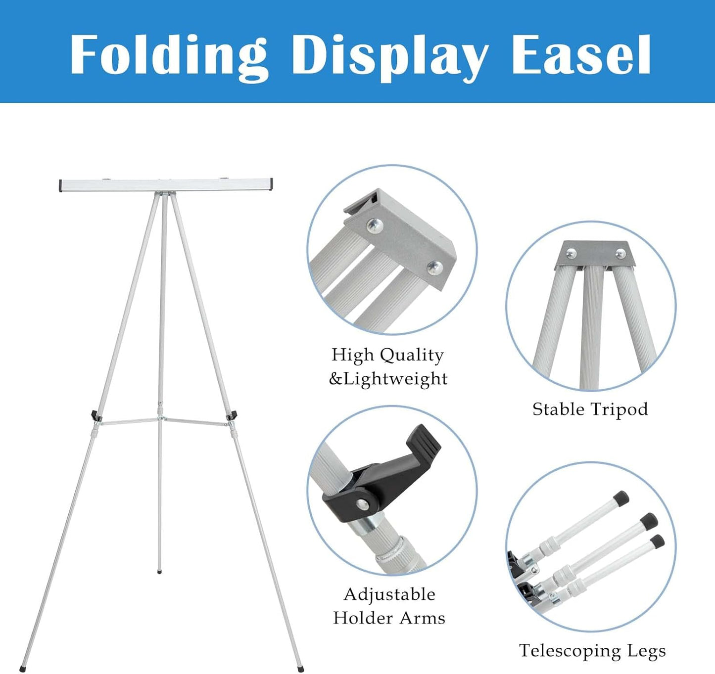 Falling in Art Aluminum Flip Chart Display Easel Stand with Adjustable Floor for Boardroom, Whiteboard, Paper Pads, Signage, 63 1/2'' High, Silver