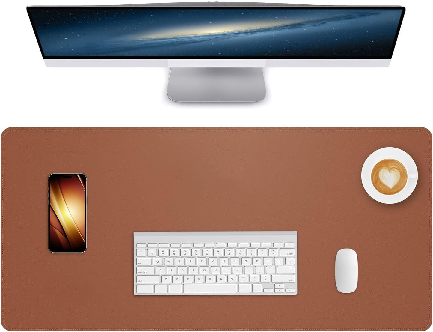 Large Desk Mouse Pad Protector, Stitched Locking Edge Non-Slip PU Leather Desk Mat Laptop Table Pad Blotter, Waterproof Durable Writing Pad for Office and Home (Brown, 90 x 43cm)