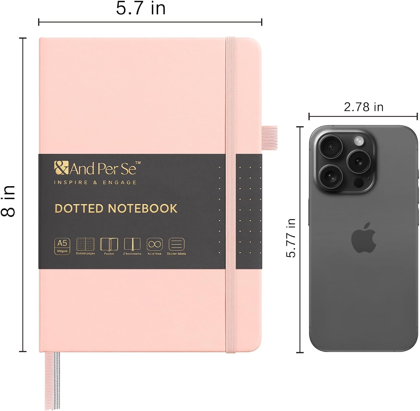 &And Per Se Dotted Journal Notebook, A5 Hardcover Leather Bullet Dotted Journal, 160 Pages 100 gsm Thick Dotted Paper，3 Sheets of Stickers Included - 5.7'' x 8''（Pink）