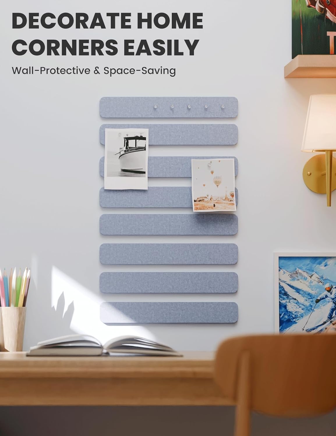 Cork Board Alternative Felt Strip Board 8-Pack 13"x2", Office Pin Board with 50 Push Pins, Adhesive Install for Bedroom Door & Home Office(Soft Periwinkle)