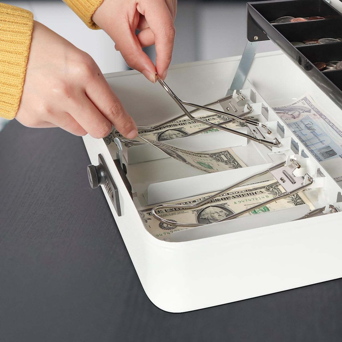 Jssmst Locking Large Metal Cash Box with Money Tray, Money Box with Combination Lock, White, SM-CB0511L