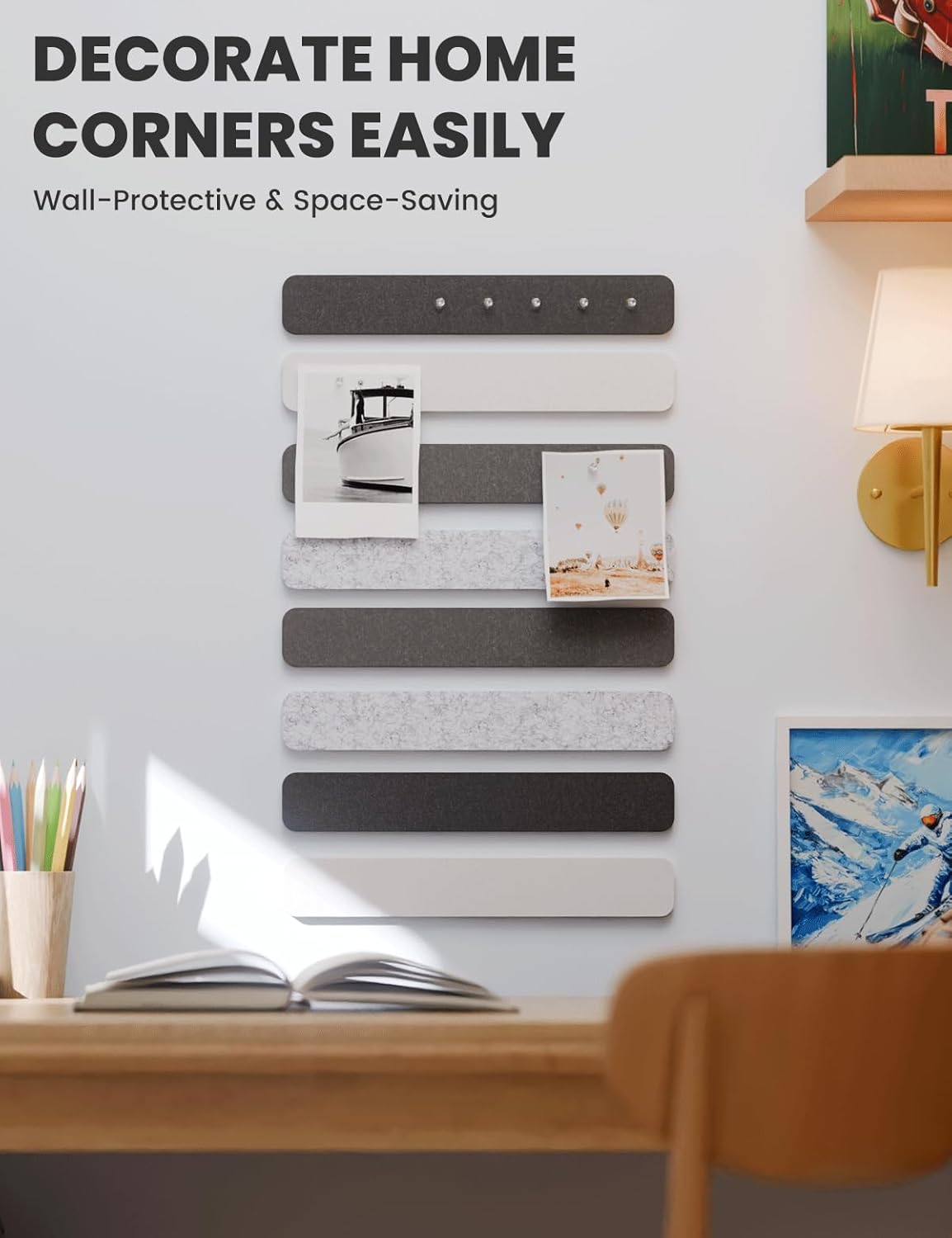 Cork Board Alternative Felt Strip Board 8-Pack 13"x2", Office Pin Board with 50 Push Pins, Adhesive Install for Bedroom Door & Home Office(Concrete Echo)