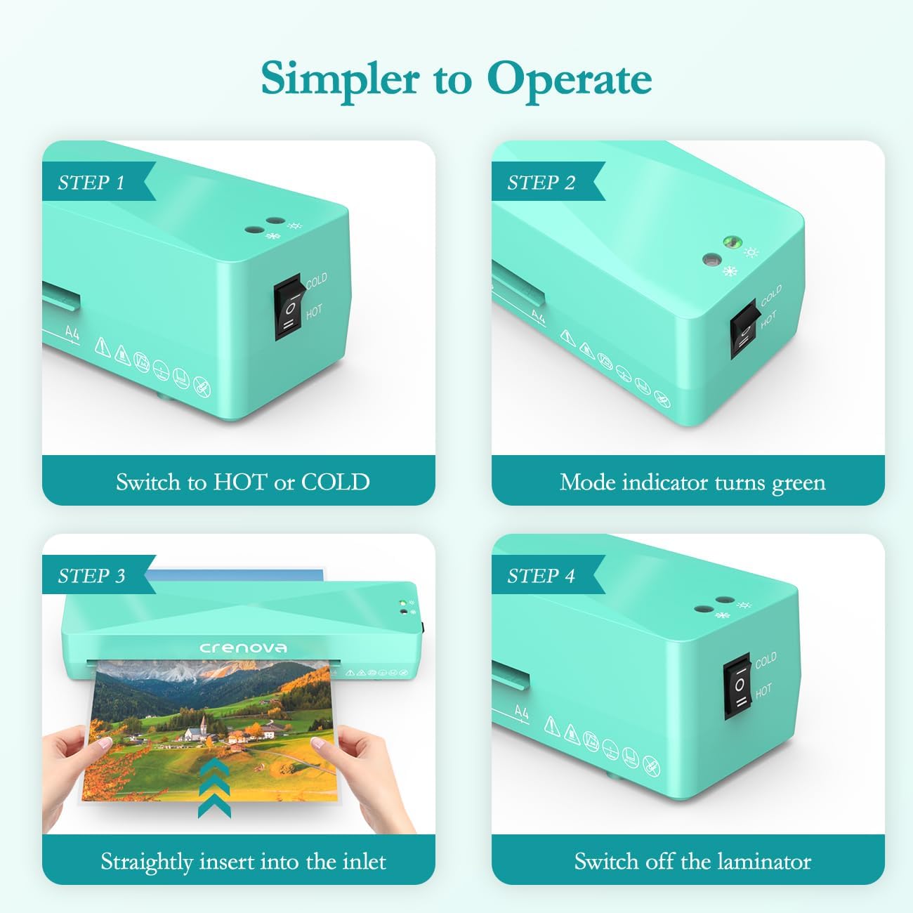 Crenova Laminator Machine with 10 Laminating Sheets, A4 Laminating Machine Hot & Cold with Fast Warm Technology, Thermal Laminator 9 Inch for Home Office School Business Green