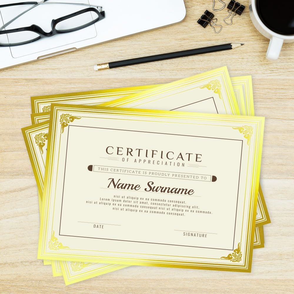 SUNEE 50 Sheets Certificate Papers - Blank Gold Foil Border, Letter Size 8.5x11 for Diploma, Certificates, Participation Awards, Document Cardstock Paper and Inkjet Printer Friendly