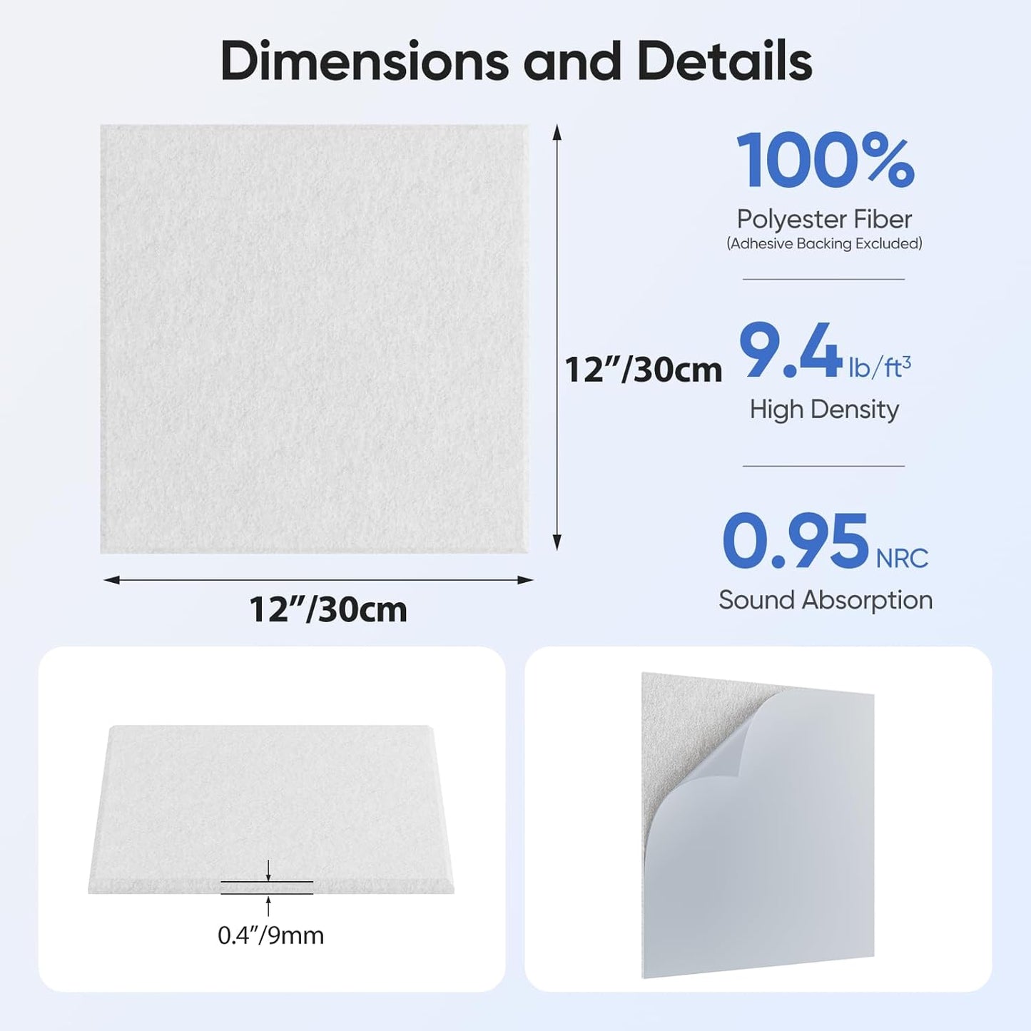 12 Pack 12" X 12" X 0.4" Acoustic Panels for Wall Sound Absorbing, Square Self-Adhesive Sound Panel, High Density Suitable for Multiple Scenarios(Snow White)
