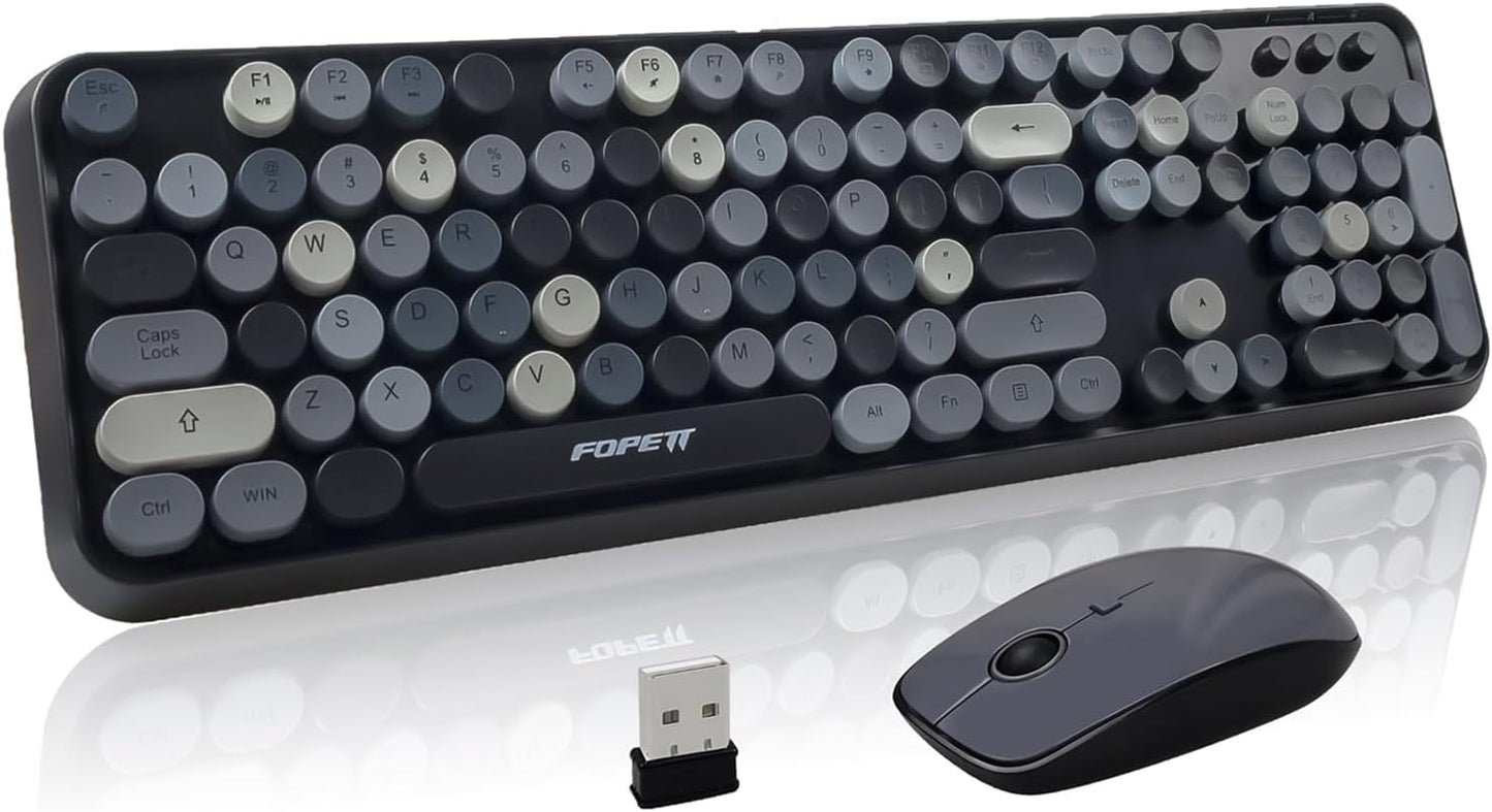 FOPETT Wireless Keyboard and Mouse Combo - 2.4G Full-Sized Cute Colorful Retro Keyboard with Round Keycaps 104 Keys Typewriter Keyboard for Laptop/Windows/PC - Grey Colorful