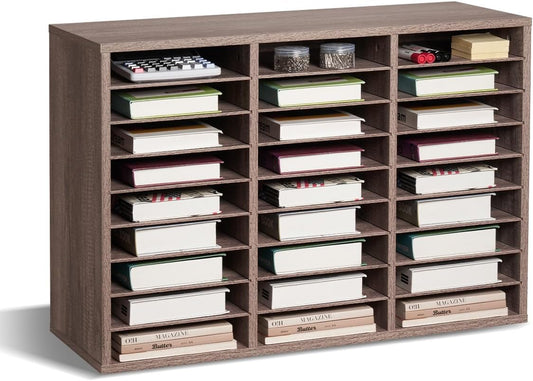 VEVOR Literature Organizer, 27 Compartments Office Mailbox with Removable Shelves, Wood Mailbox Sorter Particle Board Office Home Classroom Storage, File Sorter for File, Document, Paper, Black-Grey