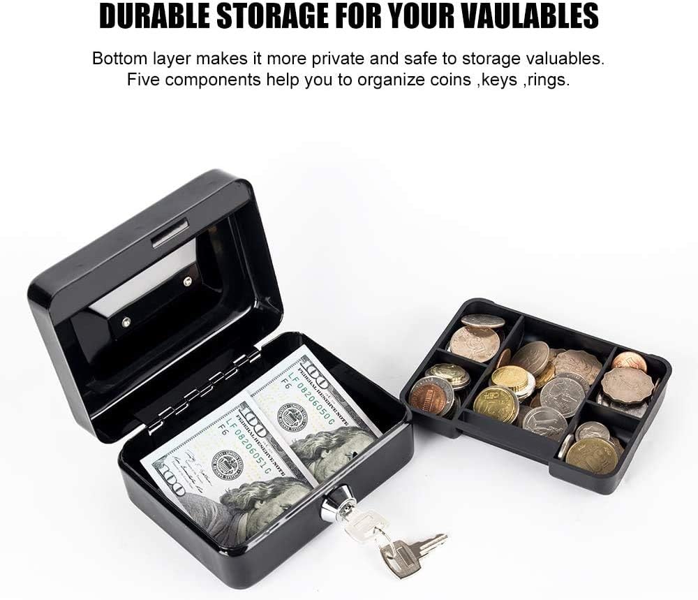 xydled Locking Steel Mini Cash Box with Removable Coin Tray and Key Lock for Kids,4.92" x 3.74" x 2.36",Black