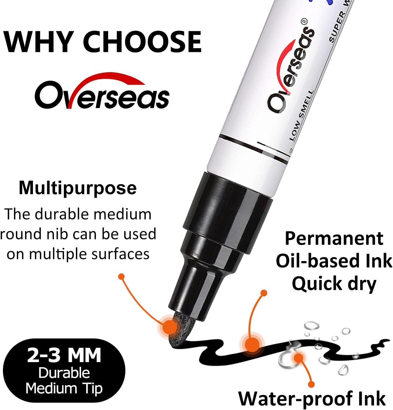 Overseas 48 White Paint Pens, Oil Based Permanent Markers Set - Quick Drying, Waterproof, Fade-Resistant, Medium Tip Paint Markers Bulk for Wood, Metal, Rock, Ceramic, Plastic, Canvas, Glass, Rubber