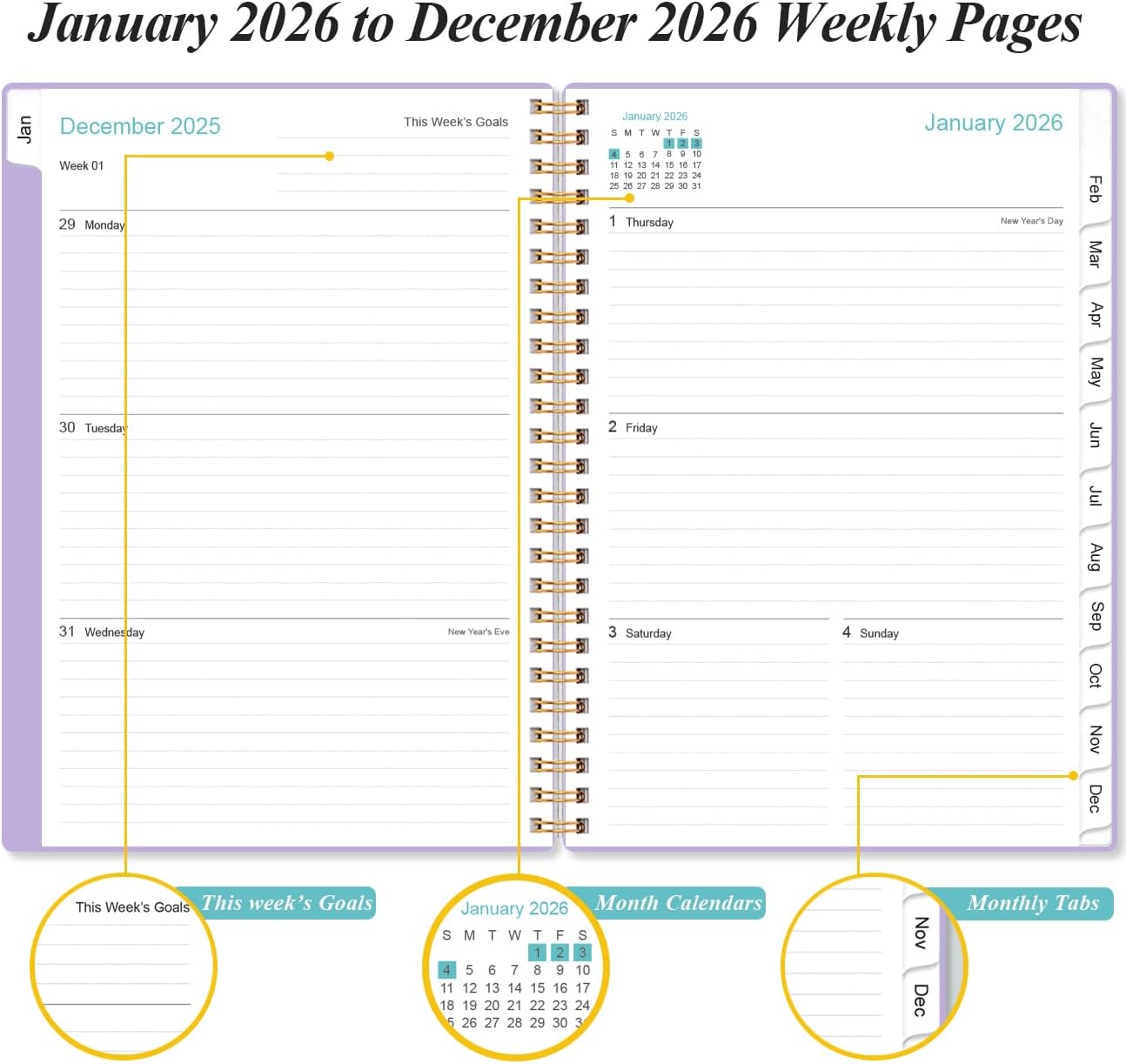 2026 Planner - Weekly and Monthly Calendar Planner from Jan 2026 - Dec 2026, Planner 2026 Spiral Bound with 12 Monthly Tabs, Inner Pocket, Perfect for School Office Supplies, 6.4" x 8.5", Purple
