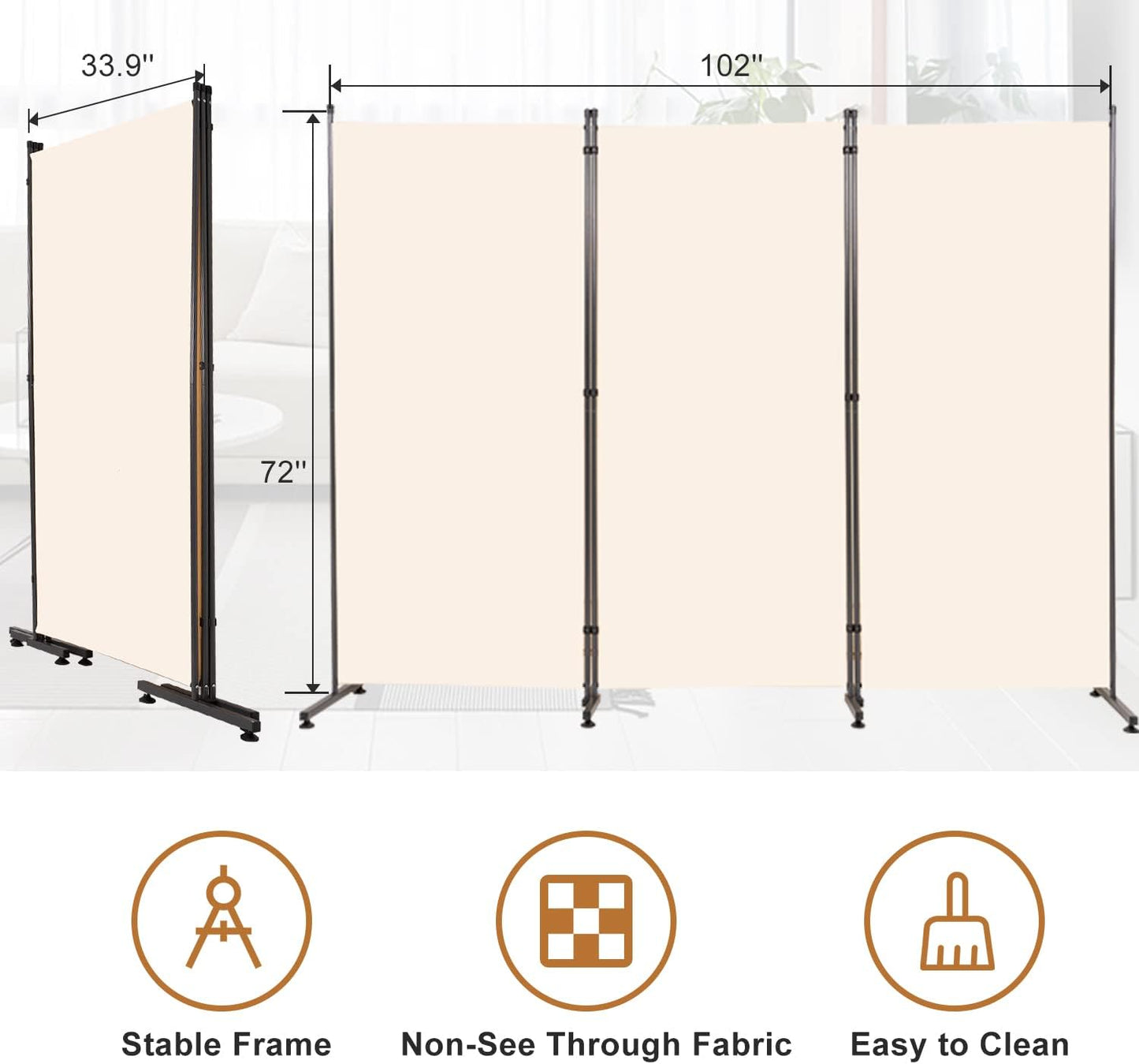 Room Divider 6FT Folding Privacy Screens, 3 Panel Partition Room Dividers w/Freestanding Design, Portable Wall Divider for Room Separtation, Fabric Screen Panel for Home Office Dorm School Cream