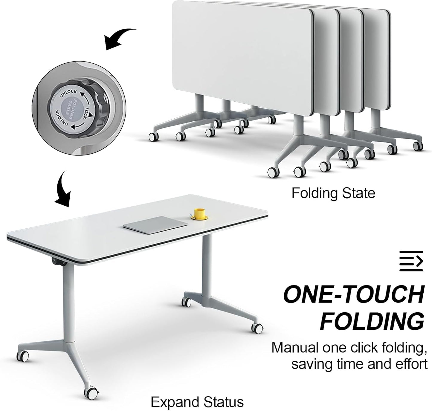 Folding Conference Table, Modern Large Conference Room Tables with Flip-Top Design, Foldable Conference Table Meeting Table with Wheels, Mobile Seminar Training Tables for Office Classroom (4, White)