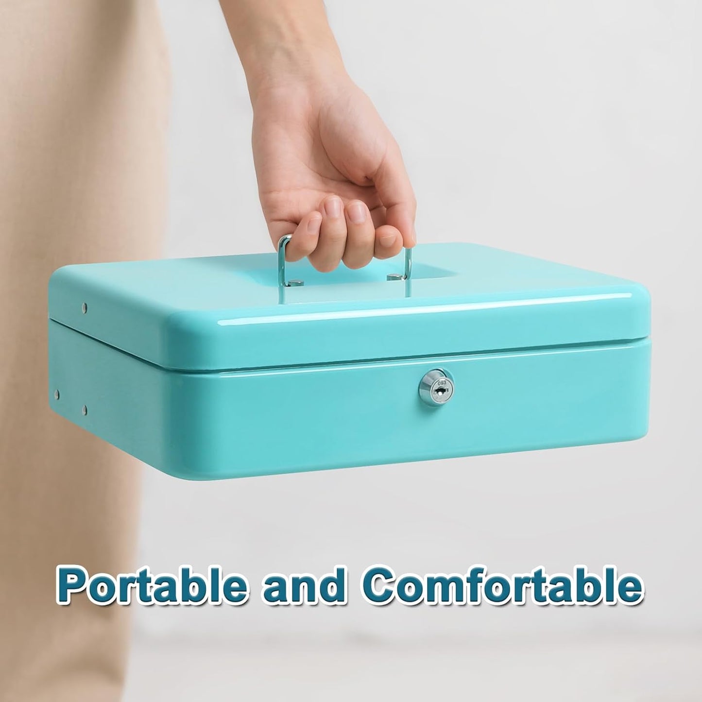 Jssmst Locking Metal Cash Box with Coin Lid, 11.8L x 9.5W x 3.5H Inches, Safe Money Box with Key Lock, Light Blue, SM-CB0519LB