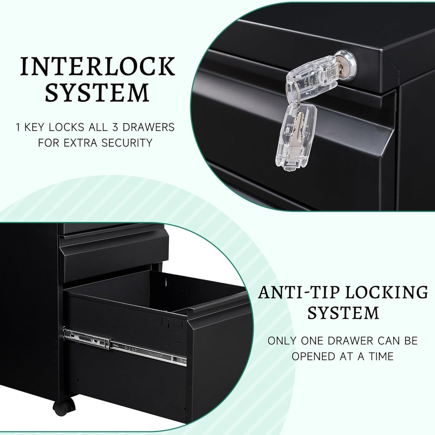 Letaya 3 Drawer Mobile File Cabinet with Lock, Under Desk Metal Rolling Filing Cabinets for Home Office Organizer Letters/Legal/A4 (Black- Requires Installation) (Black)