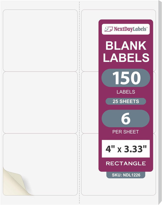 NextDayLabels – 4" x 3-1/3" Rectangular Sticker Labels for Printer - White Laser/Inkjet Printer Labels Return Address Labels Shipping Label Stickers (25 Sheets, 6 Per Sheet, 150 Labels)