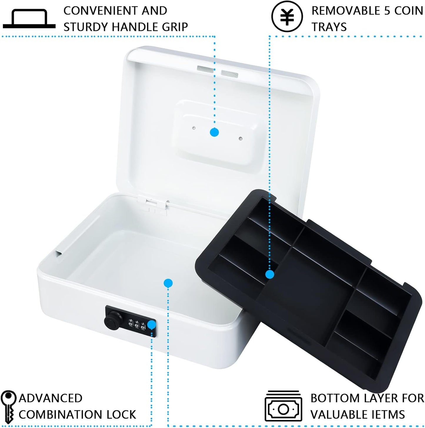 KYODOLED Large Cash Box with Combination Lock,Safe Metal Box for Money, Storage Lock Box with Money Tray,9.84"x 7.87"x 3.54" White Large