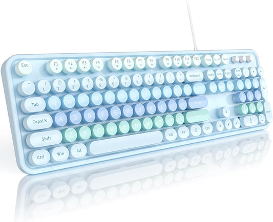 MOFII Keyboard Wired Large Print, Computer Keyboard Plug Play, Colorful Retro Round Typewriter Keyboard with Numeric Keypad and Media Hotkey for Windows PC Laptop (Pale Blue)
