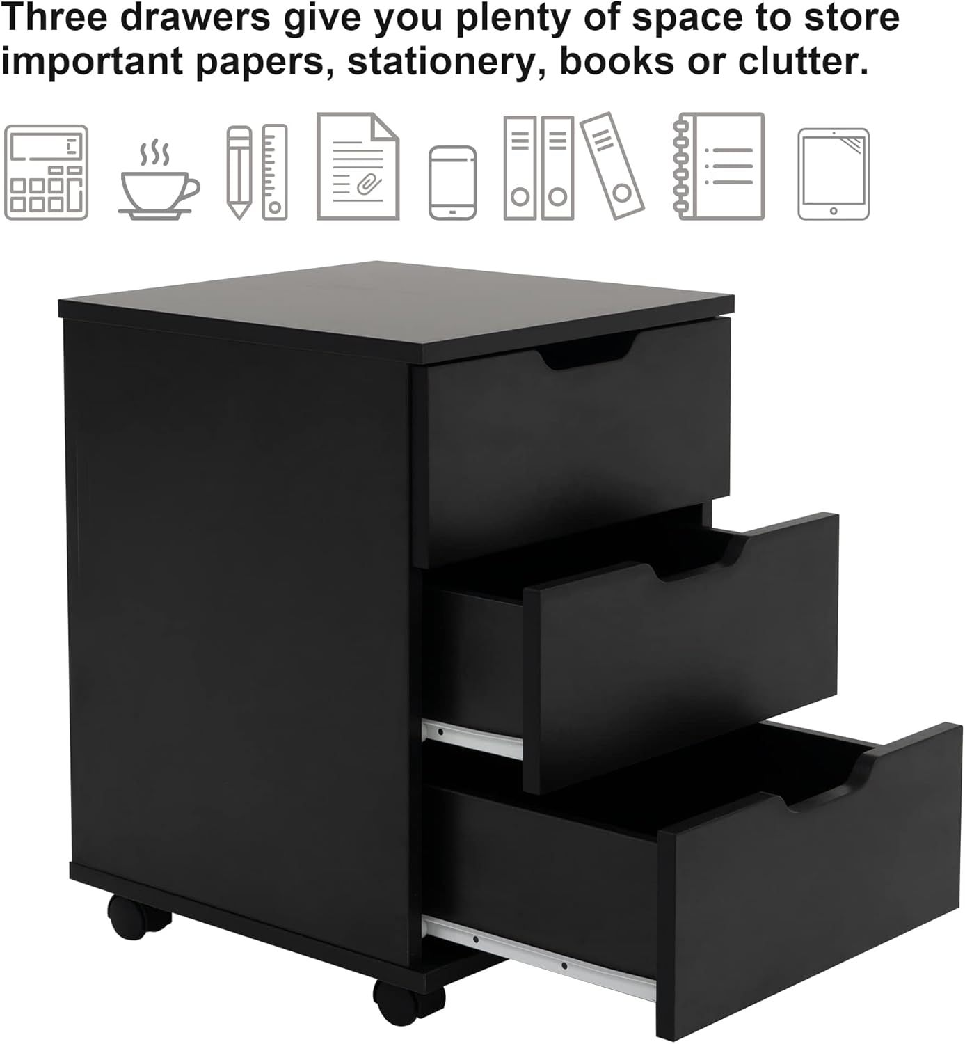 Farini 3-Drawer Vertical Filing Cabinet Rolling Wood Mobile File Cabinets Under Desk for Home Office with Casters (Black, Fully Assembled)