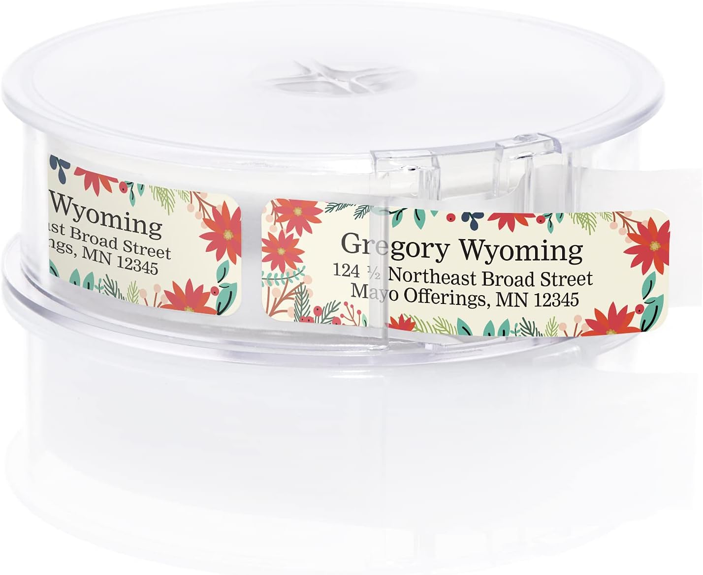 Ivory Holiday Floral Rolled Address Labels/Roll of 500 Personalized Return Address Labels/Designer Return Address Stickers in Elegant Plastic Dispenser
