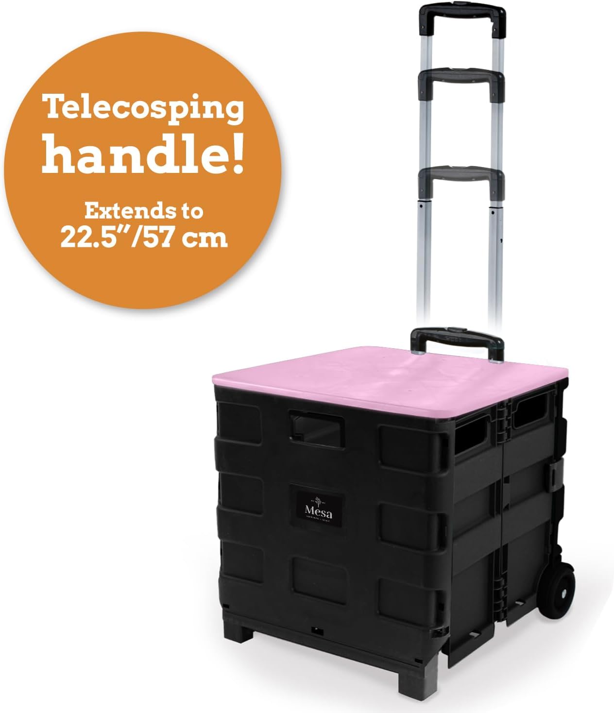 Inspired Living Collapsible Ultra-Slim Pack-N-Roll,2 Wheel Utility Cart w/Lid Used as Seat up to 250 Lbs, Telescopic Handle, Super Strong, for Home,Garden,Shopping,Office,School, Large, Pink & Black