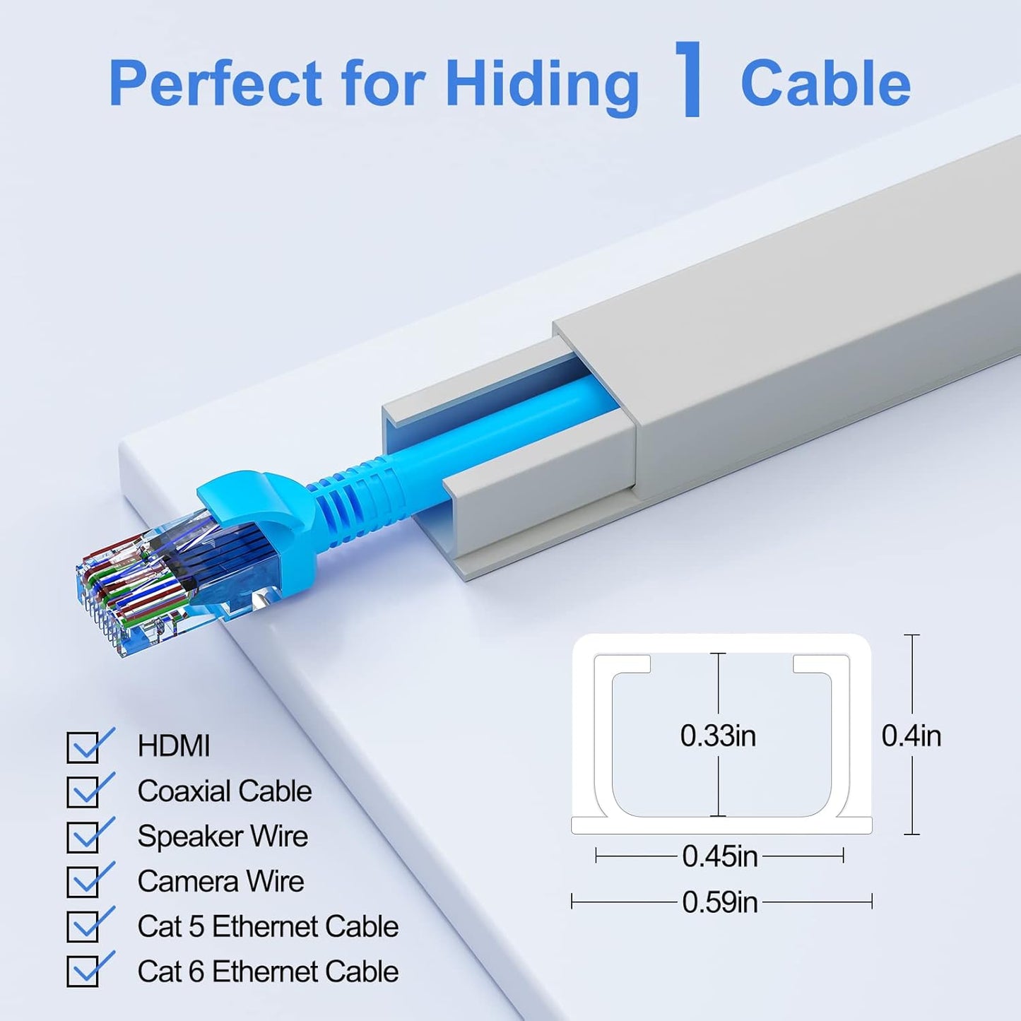 Yecaye 125in Grey Cord Hider, One-Cord Channel Cord Cover on Wall, Cable Management Kit, Wire Covers for Cords, Cable Raceway, W0.59in H0.4in, Grey