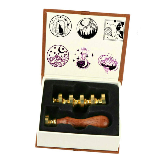 Wax Seal Stamp Set, ANBOSE Wax Seal Stamp Kit Including 6 Pieces Moon Star Mountain Sealing Wax Stamps Copper Seals + 1 Wooden Hilt, Moon Balloon Sealing Wax Stamp Kit for Cards Invitations