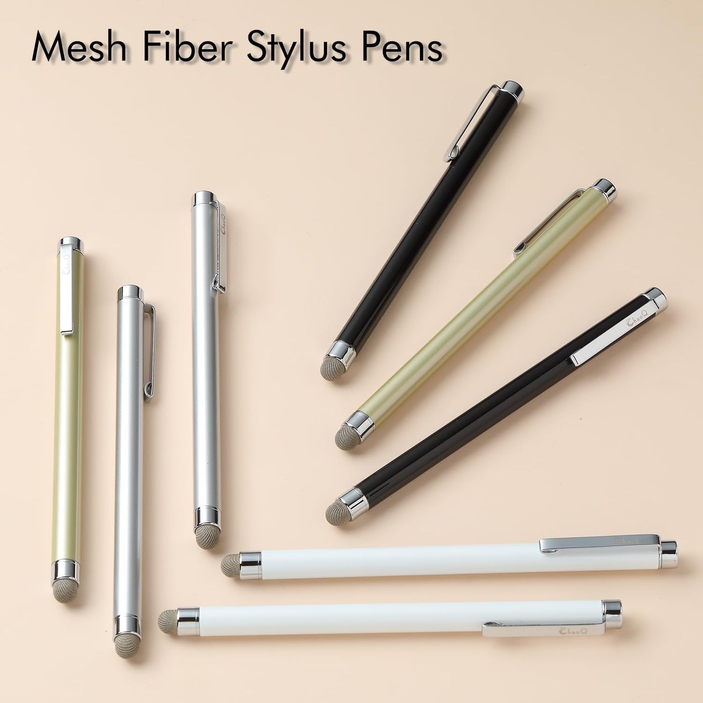 ChaoQ Stylus Pens for Touch Screens, 8 Pcs Mesh Fiber Capacitive Stylus with 8 Replaceable Mesh Tips and 8 Replaceable Rubber Tips (Silver, Black, White, Champagne)