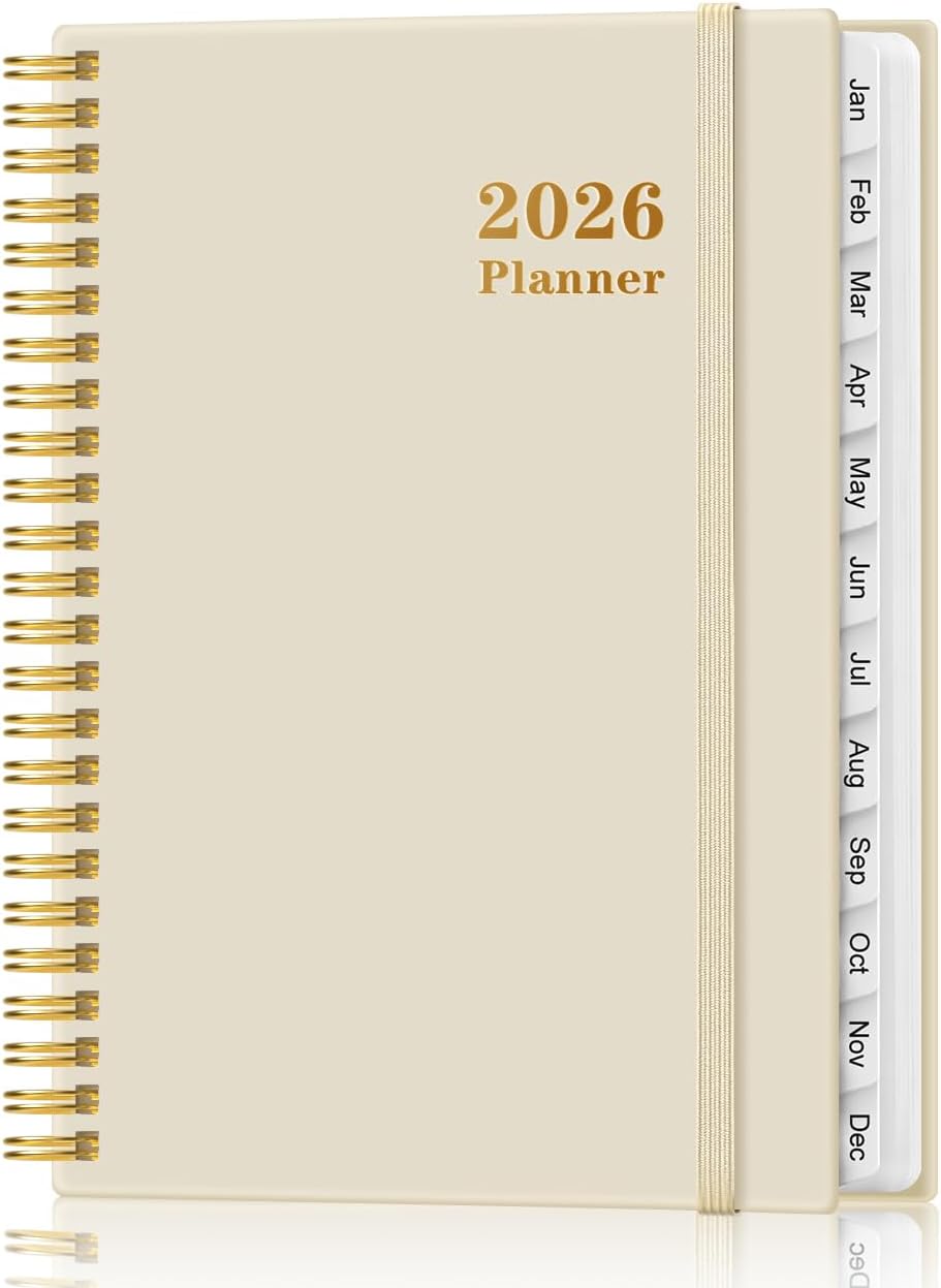 2026 Planner - Weekly and Monthly Calendar Planner from Jan 2026 - Dec 2026, Planner 2026 Spiral Bound with 12 Monthly Tabs, Inner Pocket, Perfect for School Office Supplies, 6.4" x 8.5", Beige